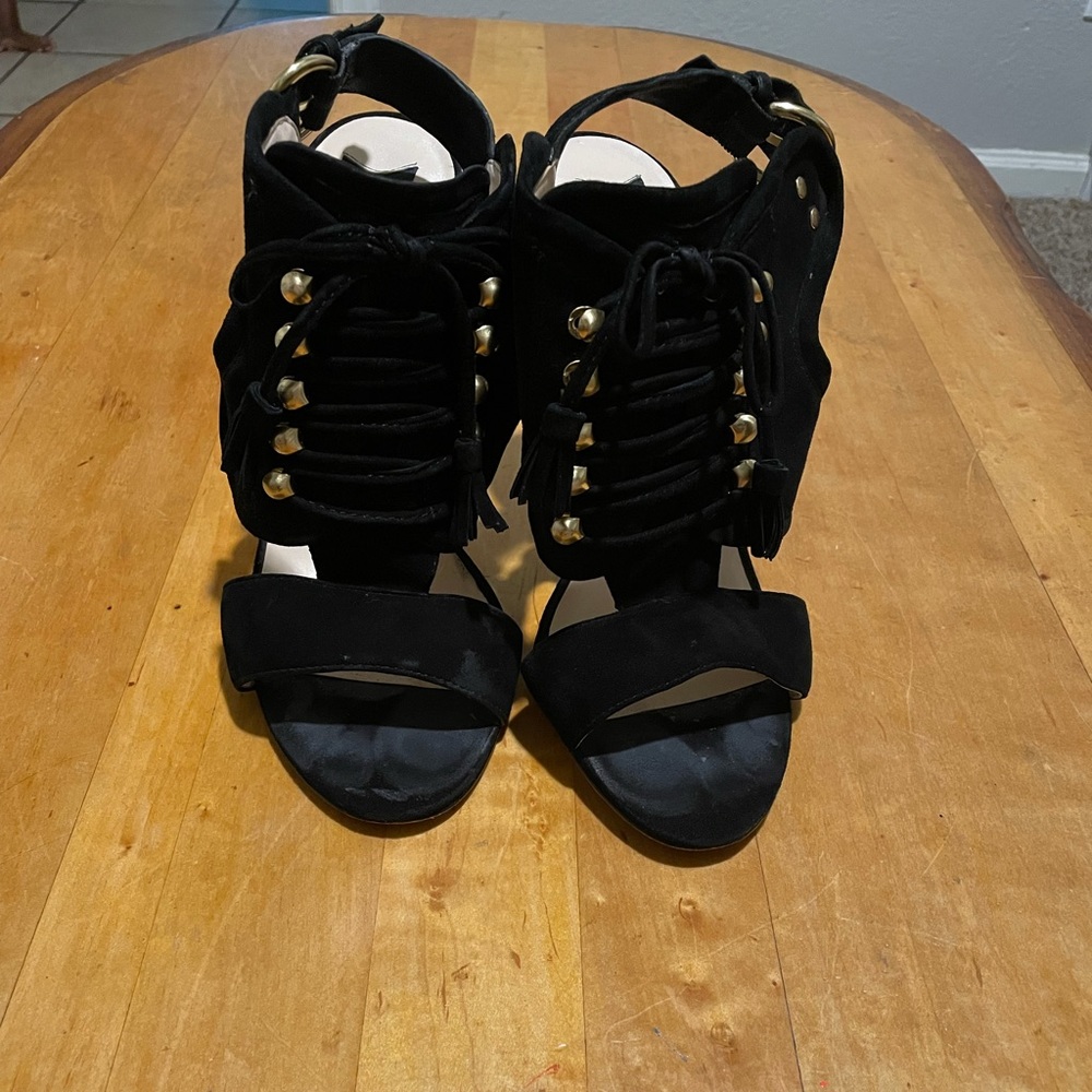 Black with gold tie up open toe heels